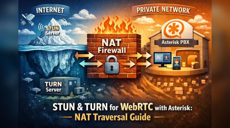 Illustrated diagram showing NAT traversal challenges in WebRTC using STUN and TURN servers with Asterisk PBX behind a firewall, featuring iceberg metaphor for hidden private network and public internet connection