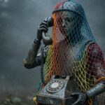 Abstract artwork of a humanoid robot holding a vintage telephone receiver, symbolising voicemail being replaced by AI call handling.