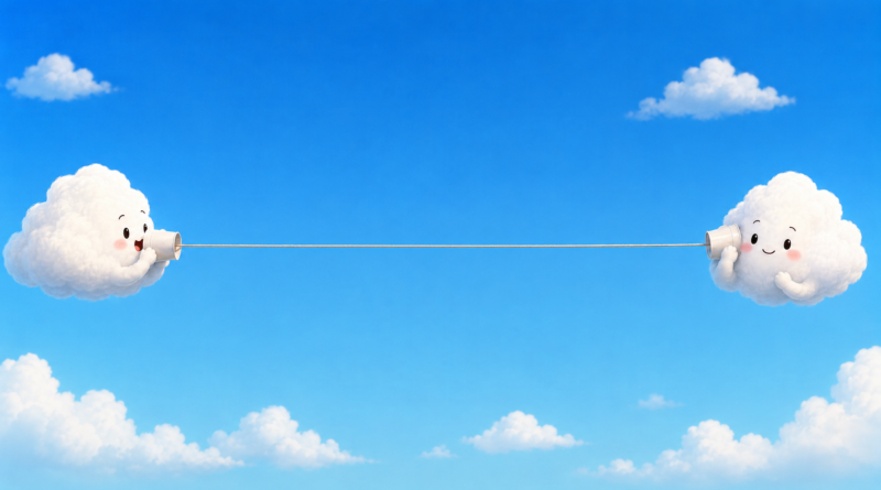 Two cartoon clouds talking through a tin-can telephone, illustrating browser-based voice calling with Browser Phone